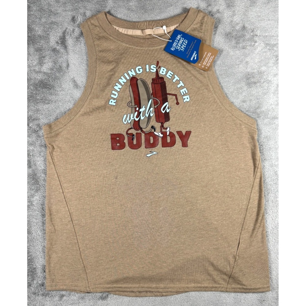 NWT: Brooks Shoes "Run Buddy" Distance Graphic Heather Oatmeal Tank Top Sz Small - Picture 2 of 12